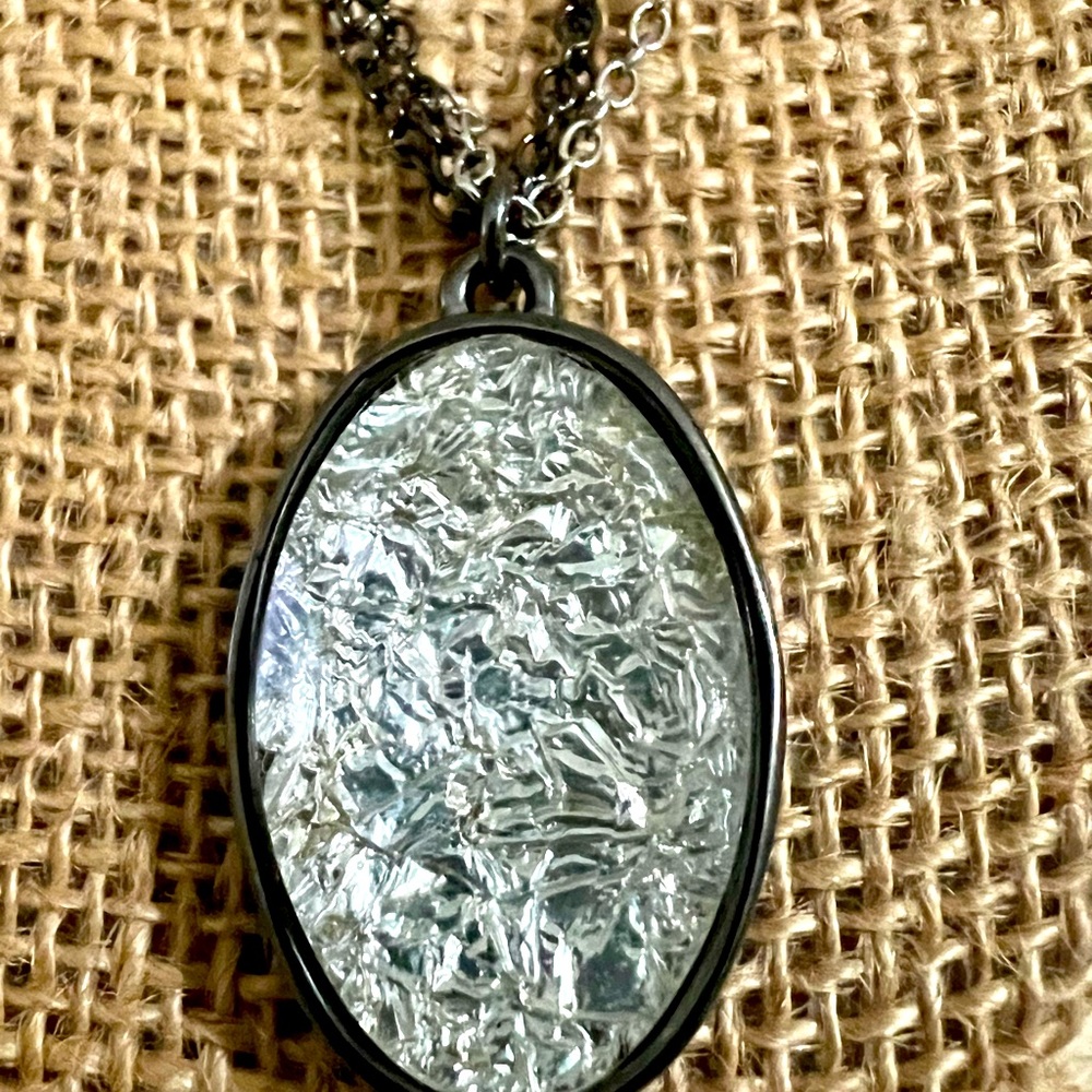 🩶Oval Crushed Foil Hematite & Silver 3 Chain Necklace by Cookie Lee